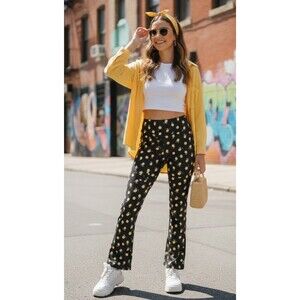 NWT Forever Moda Lemon Print High-Waisted Flare Leggings Black Size Large